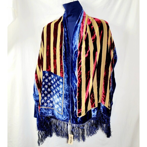 Maya Matazaro American USA Flag Silk Burnout Velvet Shawl Wrap With Fringe NWT - Picture 3 of 11